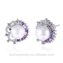 sample market jewelry latest design of white zircon inlaid silver plated freshwater pearl earring